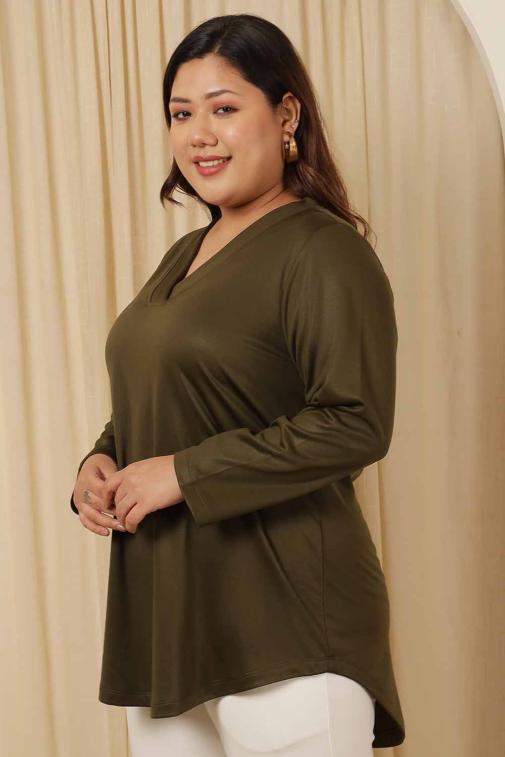 Plus Size Plus Size Olive V Neck Fleece Top