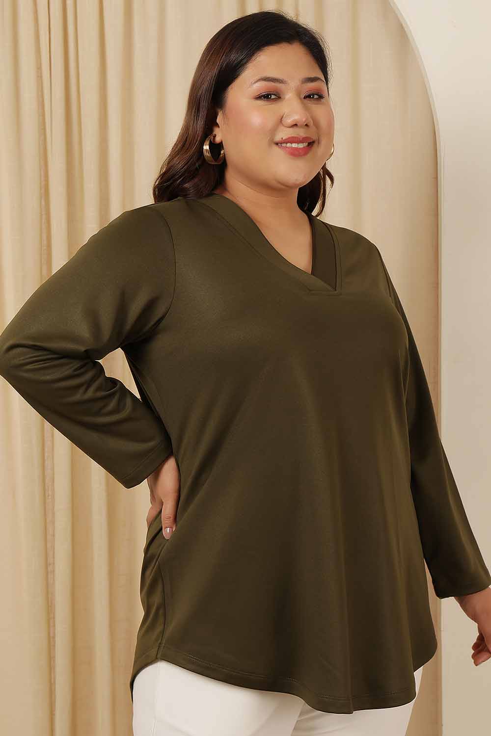 Plus Size Olive V Neck Fleece Top for Women