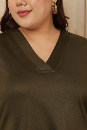 Plus Size Olive V Neck Fleece Top