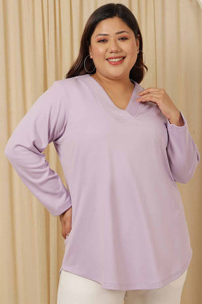 Plus Size Lavender V Neck Fleece Top