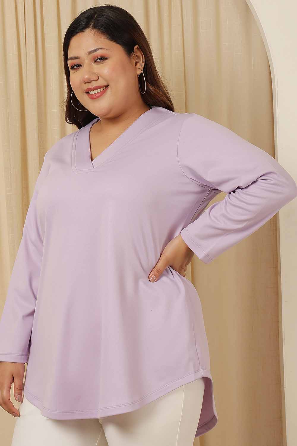 Plus Size Plus Size Lavender V Neck Fleece Top