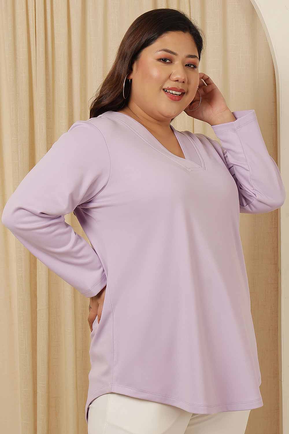 Plus Size Lavender V Neck Fleece Top for Women