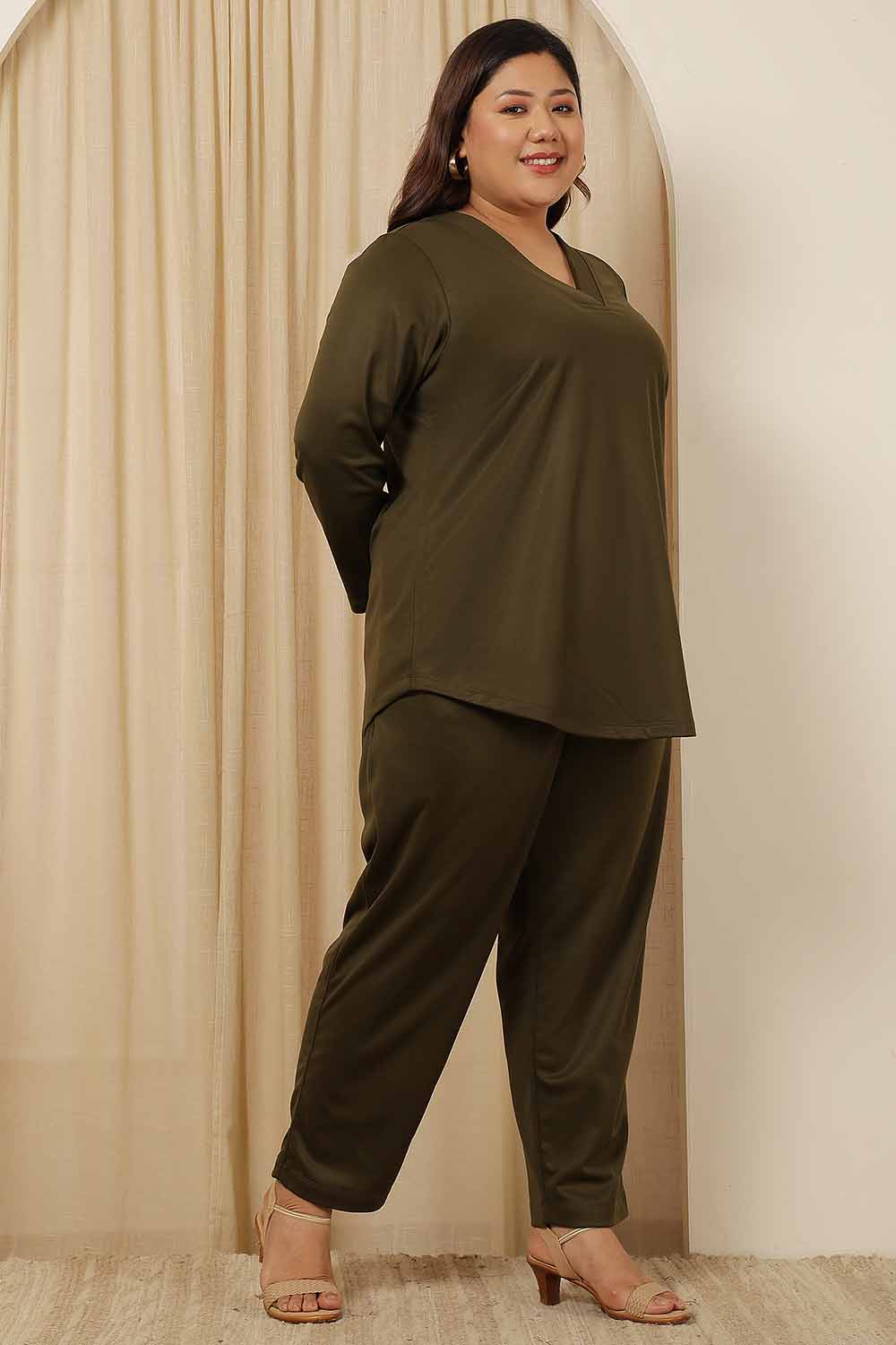 Plus Size Olive Fleece Coord Set for Women