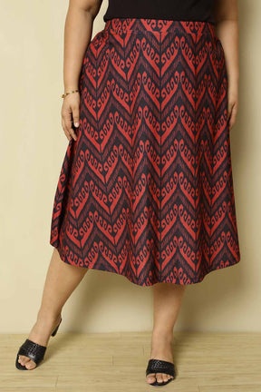 Plus Size Black Red Printed Midi Skirt