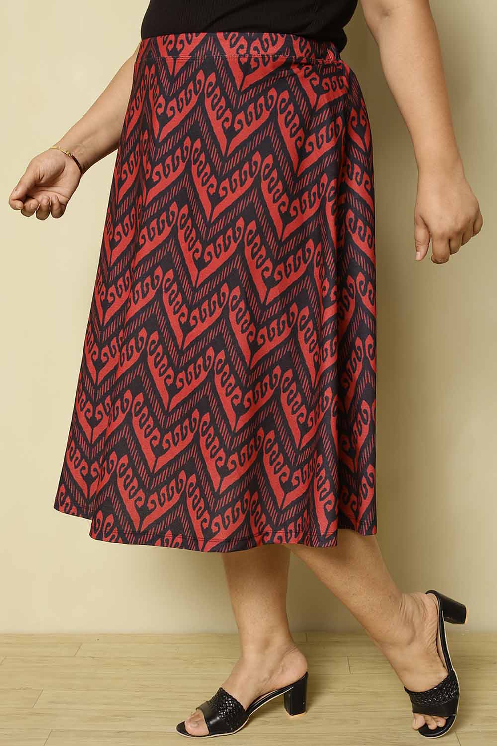 Plus Size Black Red Printed Midi Skirt for Women