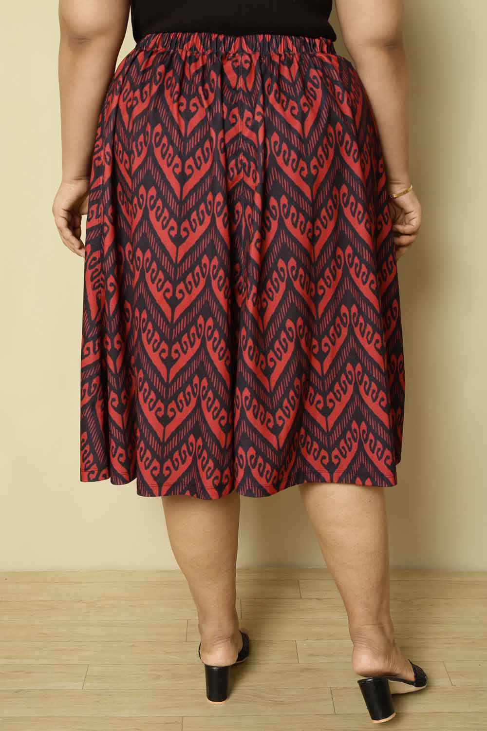 Plus Size Black Red Printed Midi Skirt