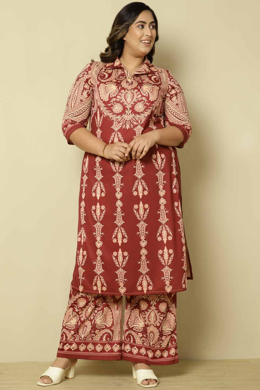 Plus Size Maroon Beige Ethnic Print Coord Set