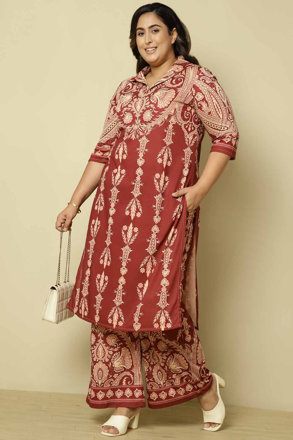 Plus Size Maroon Beige Ethnic Print Coord Set