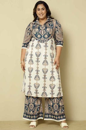 Plus Size Blue White Ethnic Print Coord Set