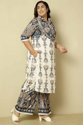 Plus Size Blue White Ethnic Print Coord Set