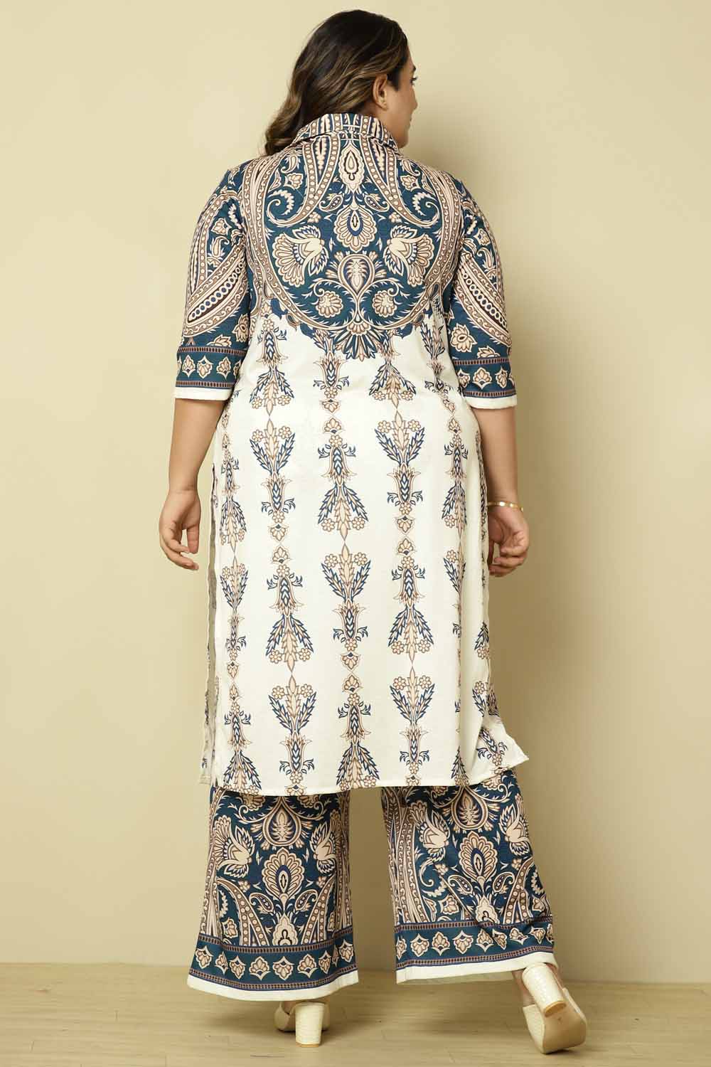 Plus Size Blue White Ethnic Print Coord Set