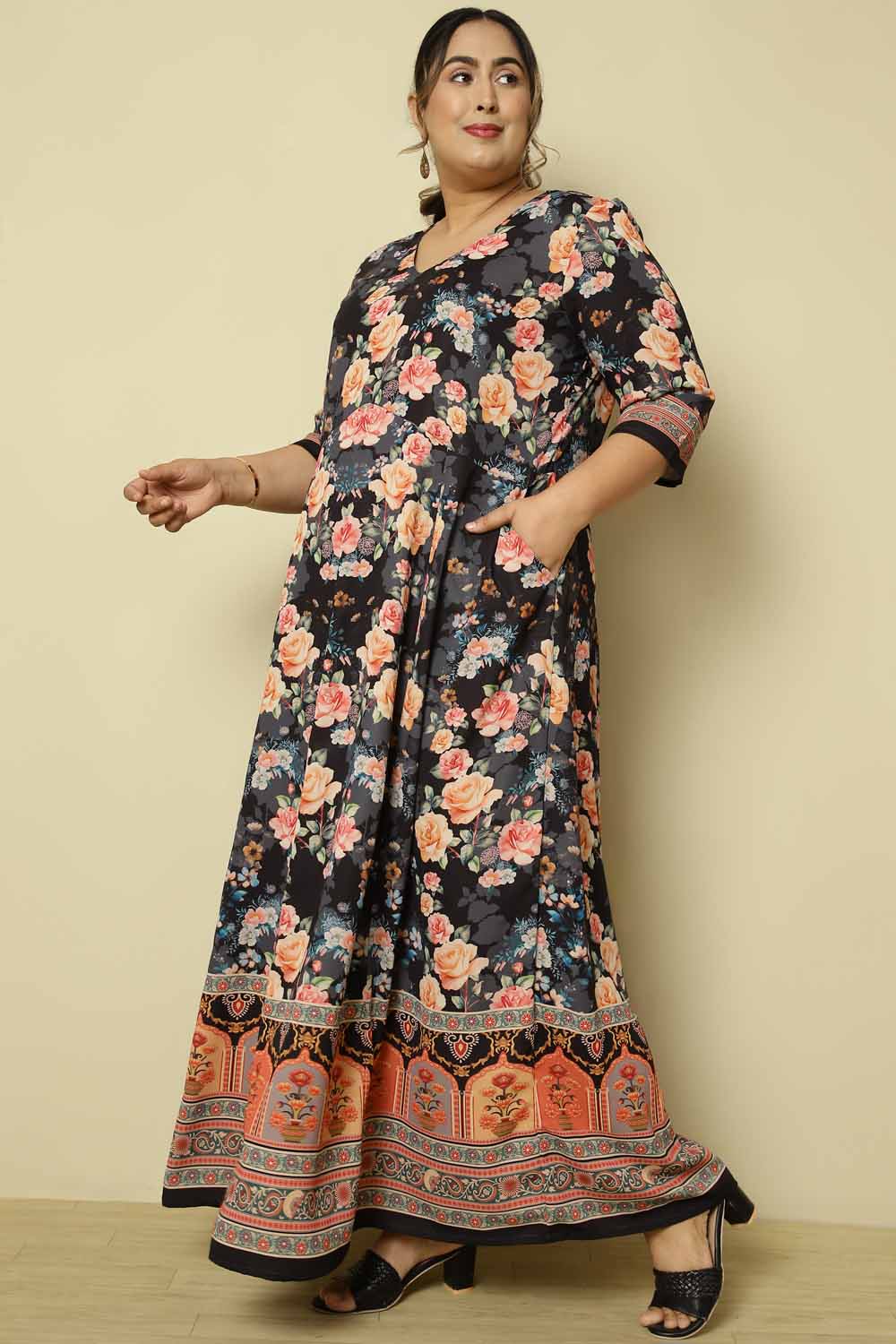 Plus Size Plus Size Black Pink Floral Anarkali