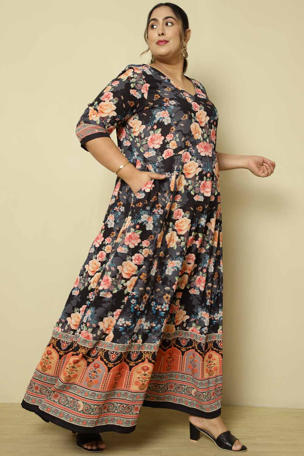 Plus Size Black Pink Floral Anarkali for Women