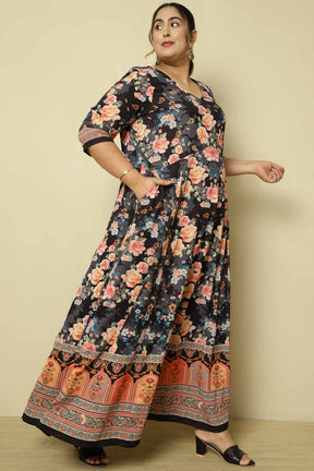 Plus Size Black Pink Floral Anarkali