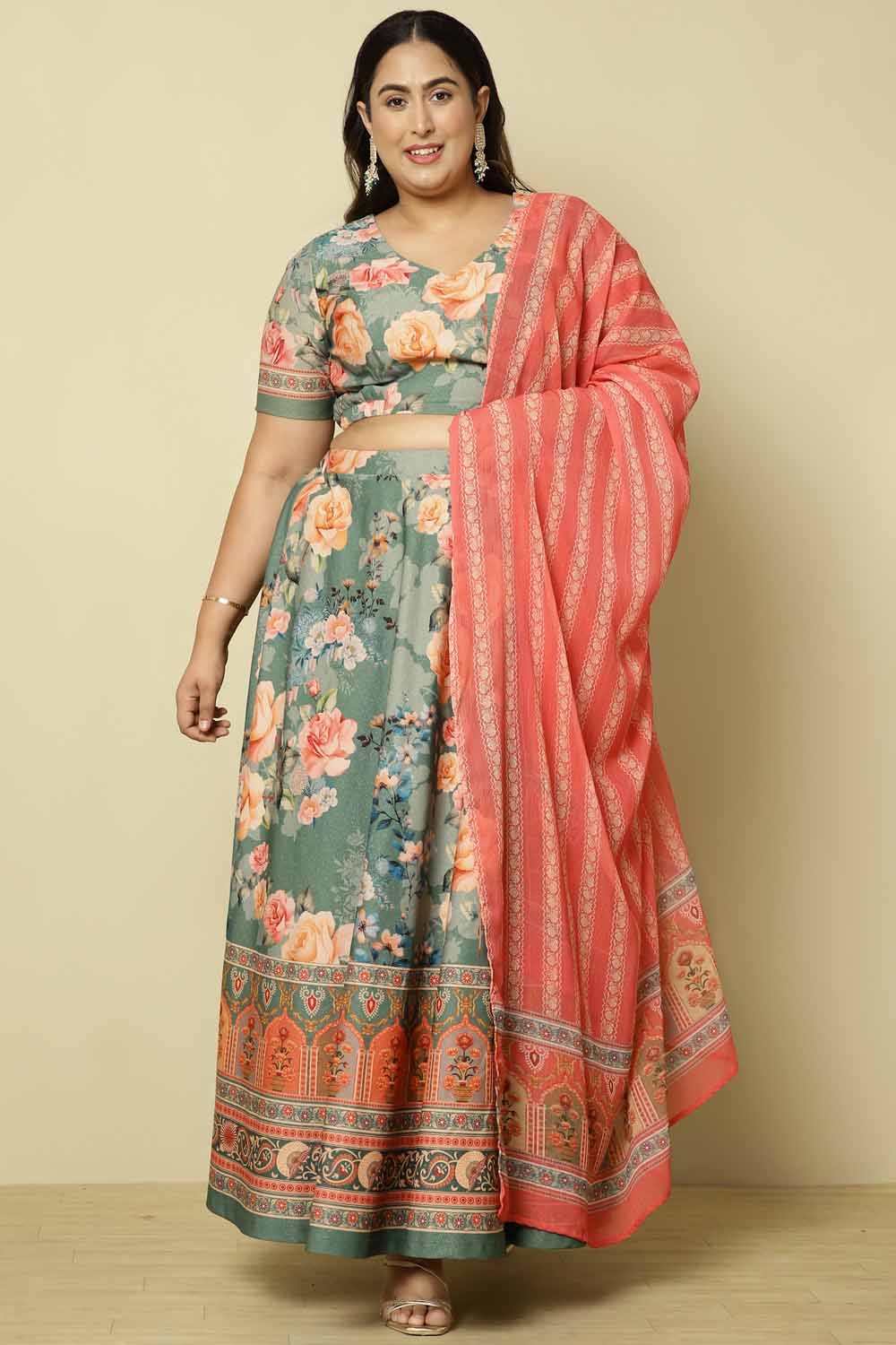 Plus Size Plus Size Blue Pink Floral Lehenga