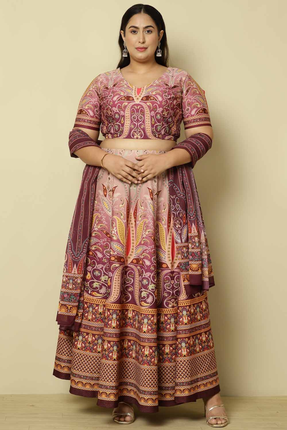 Plus Size Mauve Ethnic Print Lehenga