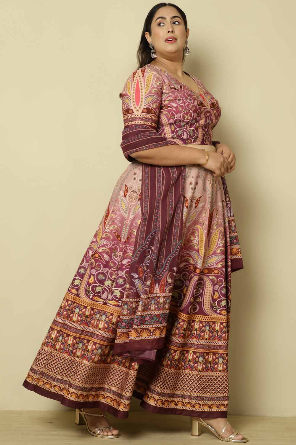 Plus Size Mauve Ethnic Print Lehenga for Women