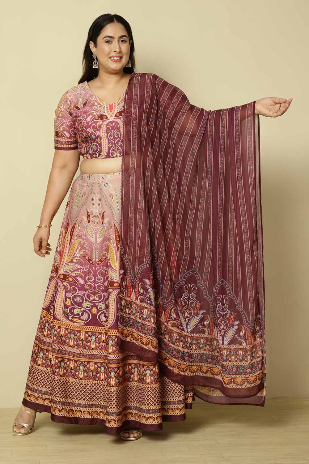 Plus Size Plus Size Mauve Ethnic Print Lehenga