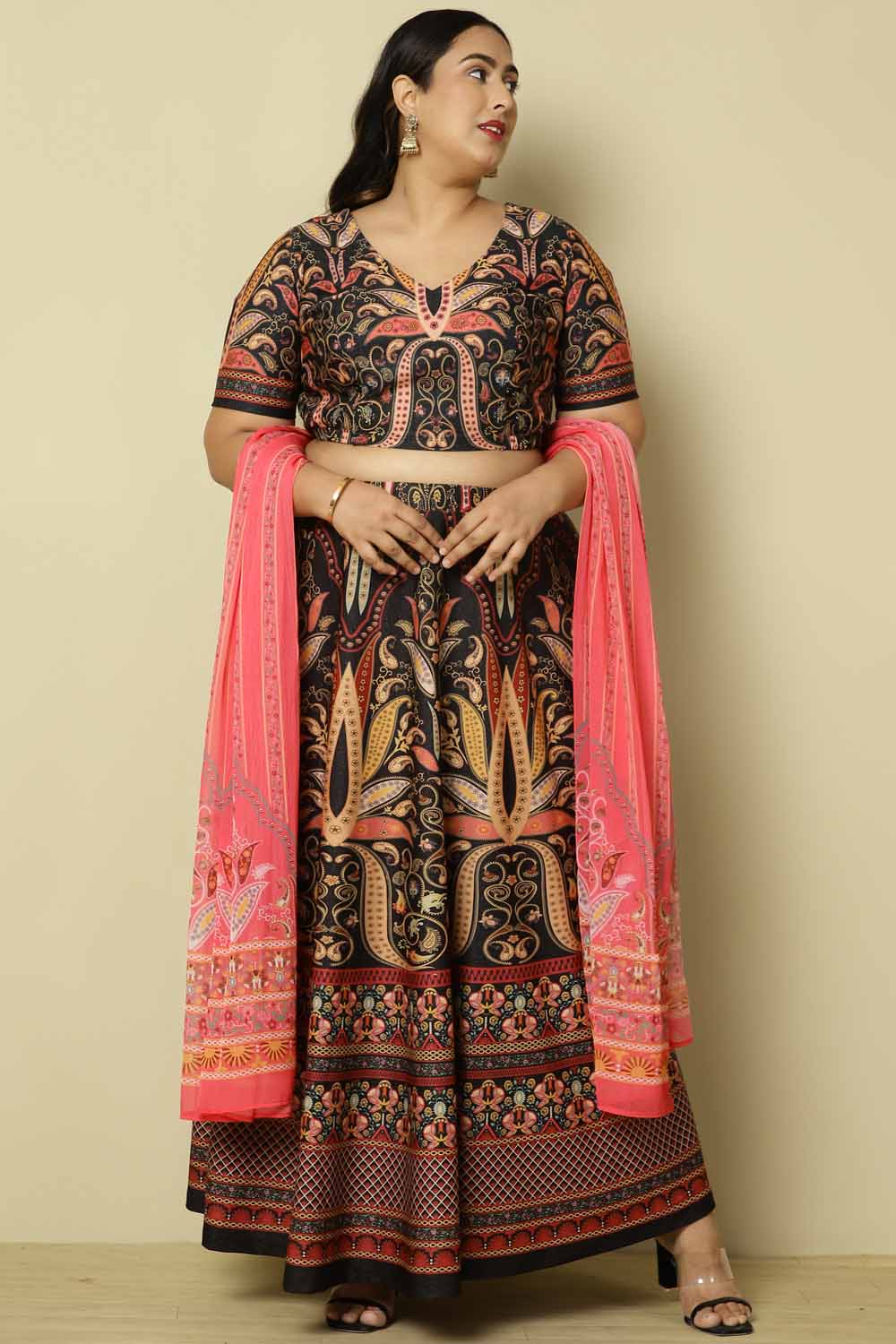 Plus Size Black Pink Print Lehenga for Women