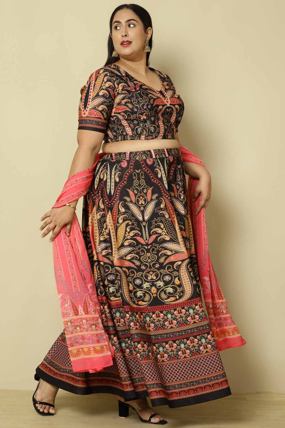 Plus Size Plus Size Black Pink Print Lehenga