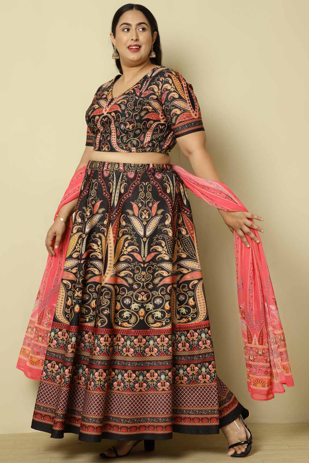 Plus Size Black Pink Print Lehenga