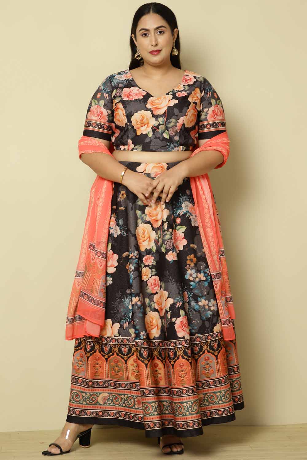 Plus Size Plus Size Black Pink Floral Lehenga