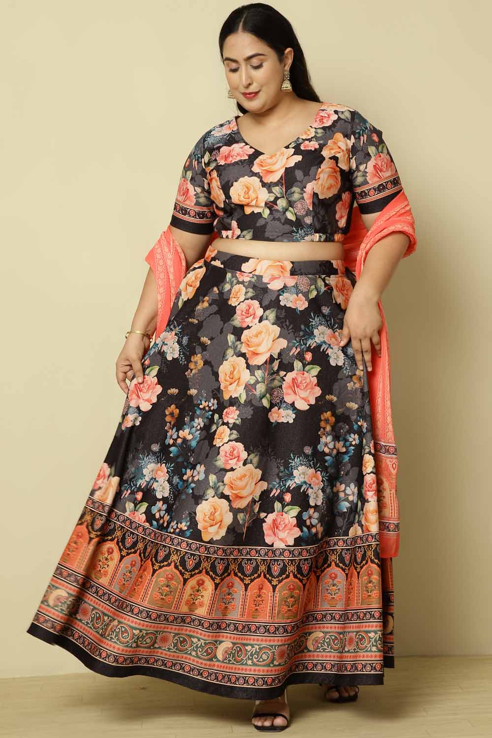 Plus Size Black Pink Floral Lehenga