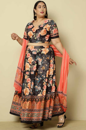 Plus Size Black Pink Floral Lehenga