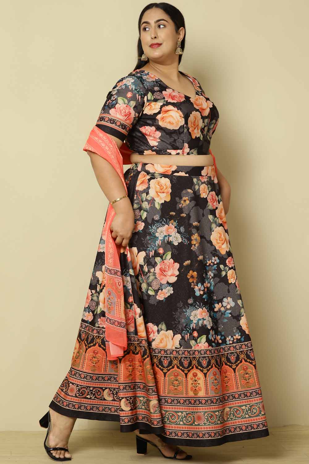 Plus Size Black Pink Floral Lehenga for Women