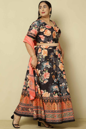 Plus Size Black Pink Floral Lehenga