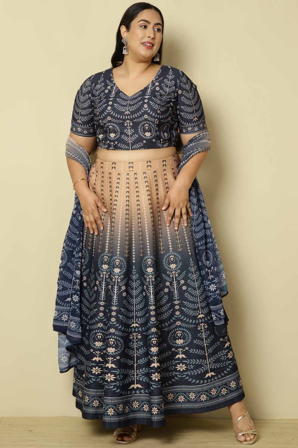 Plus Size Beige Blue Ombre Lehenga