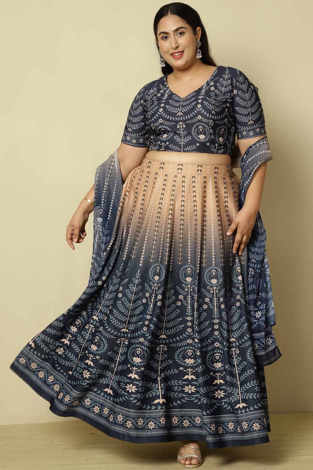 Plus Size Beige Blue Ombre Lehenga