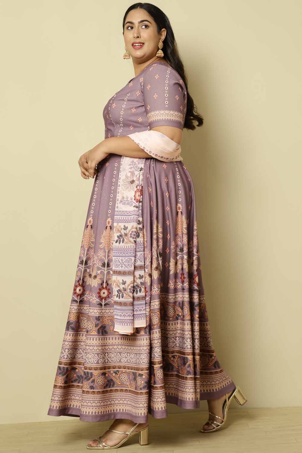 Plus Size Lilac Ethnic Print Lehenga