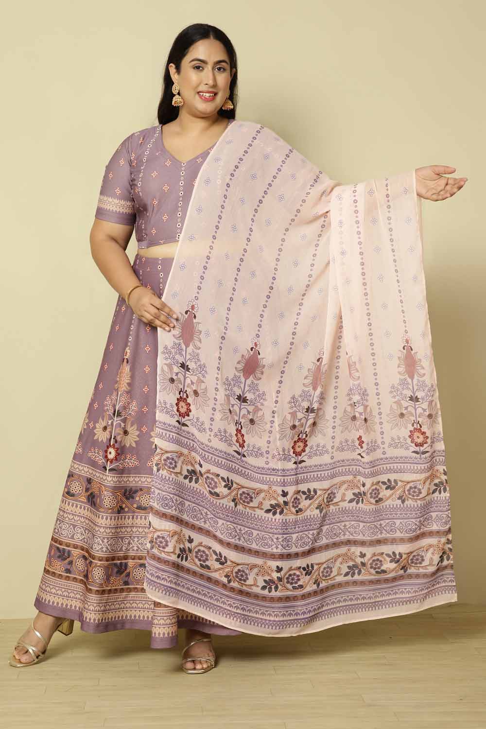 Plus Size Plus Size Lilac Ethnic Print Lehenga