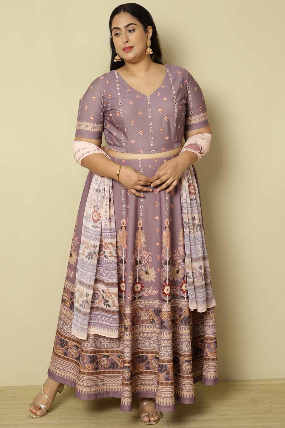 Plus Size Lilac Ethnic Print Lehenga for Women