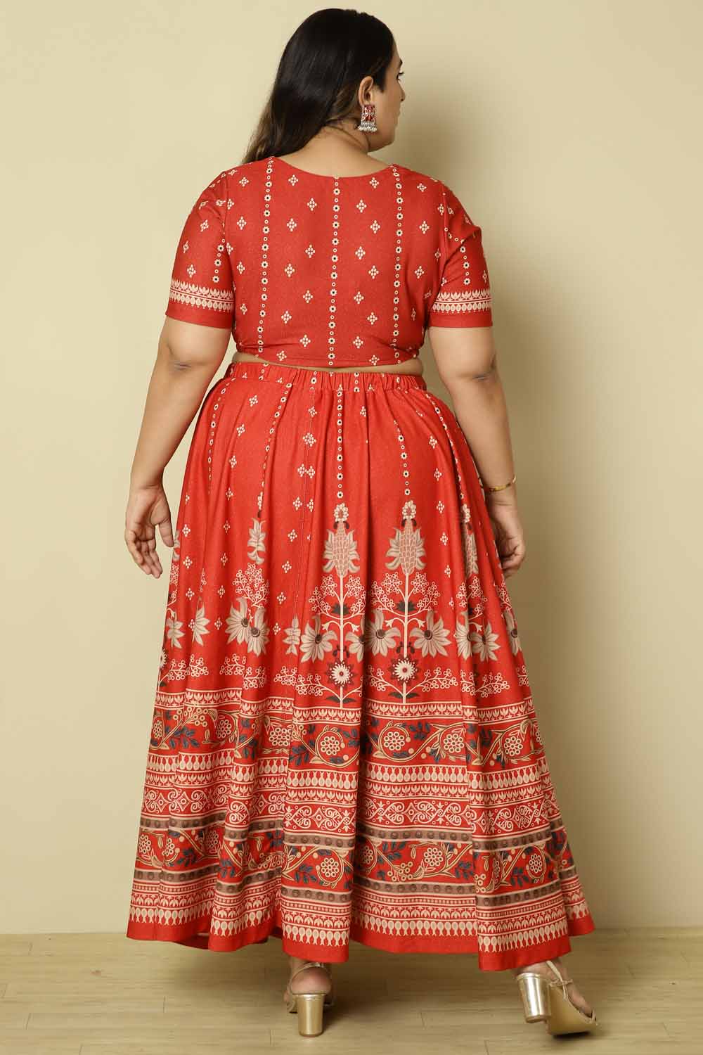 Plus Size Red Ethnic Print Lehenga