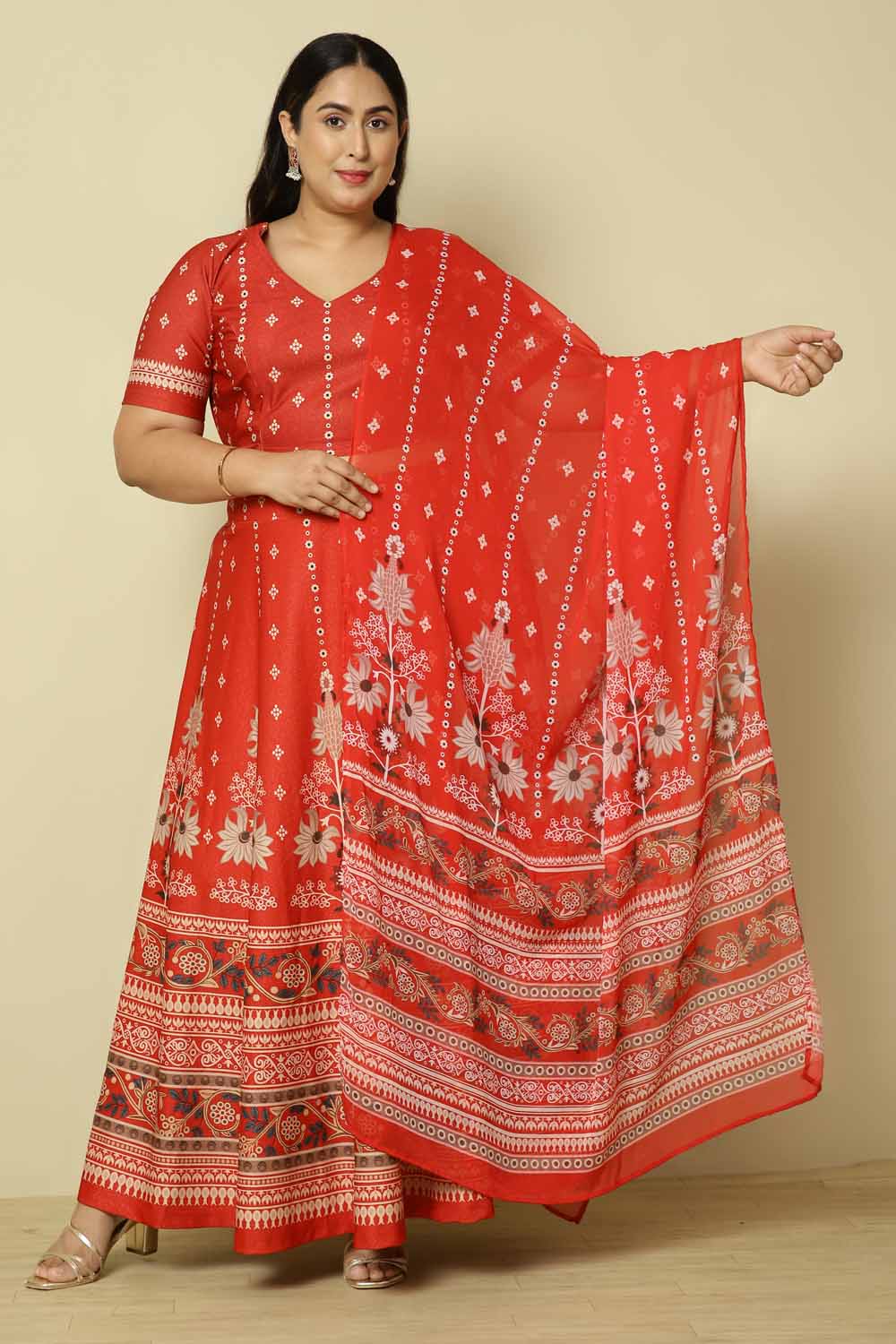 Plus Size Red Ethnic Print Lehenga