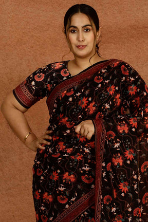 Plus Size Black Luxe Floral Readymade Georgette Saree