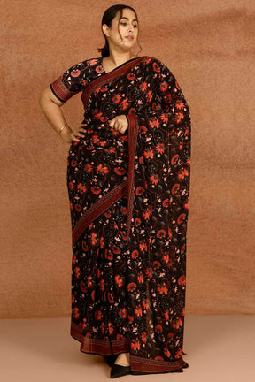 Plus Size Black Luxe Floral Readymade Georgette Saree