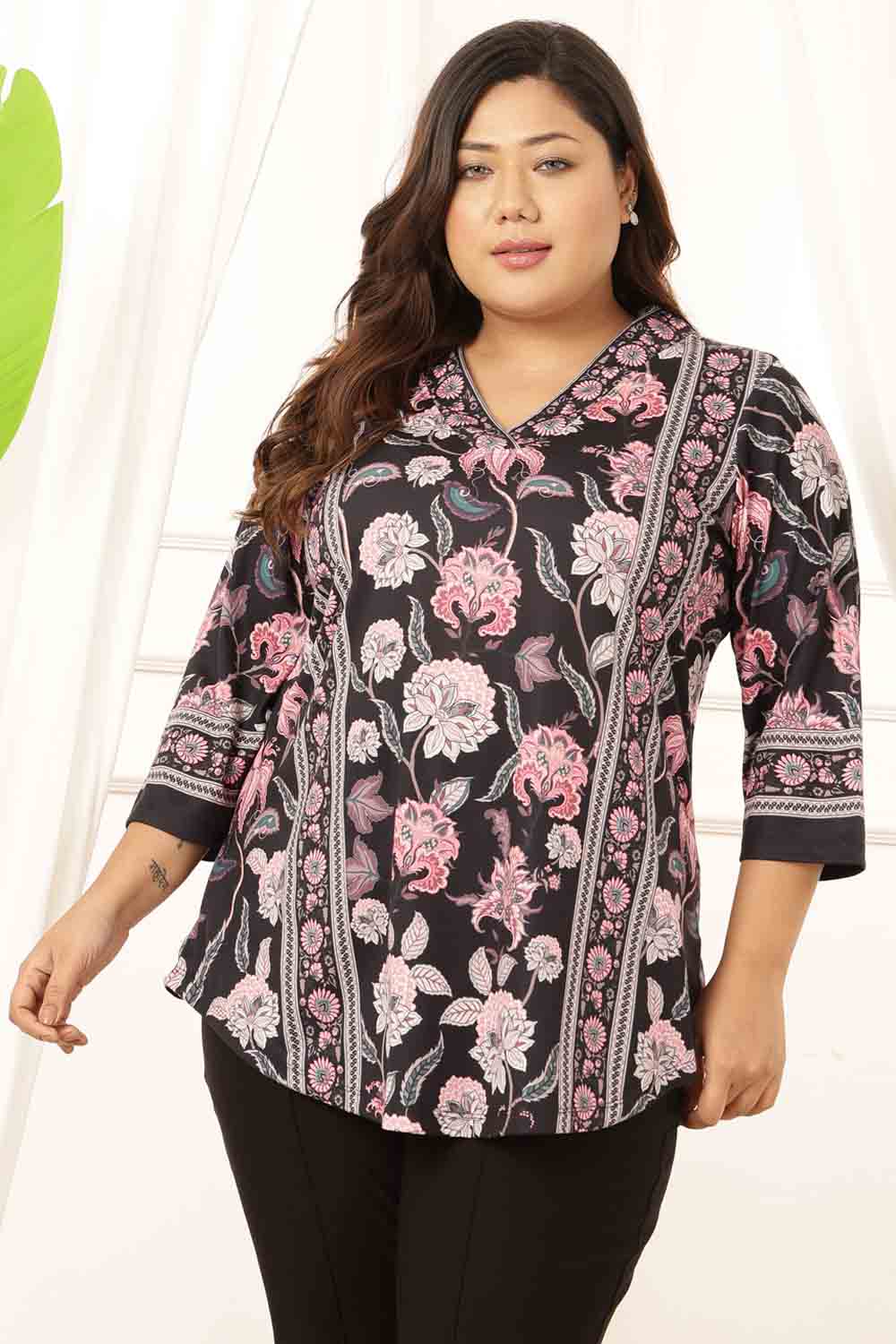 Plus Size Black Floral V Neck Top