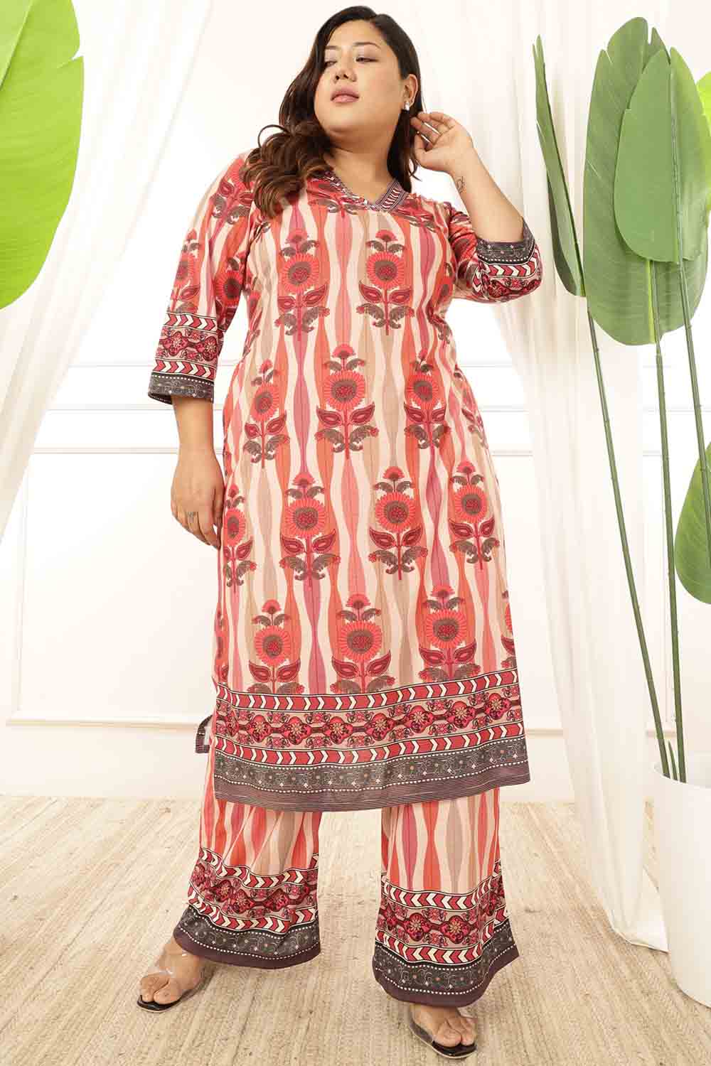 Buy Plus Size Red Floral Motif Kurta Coord Set