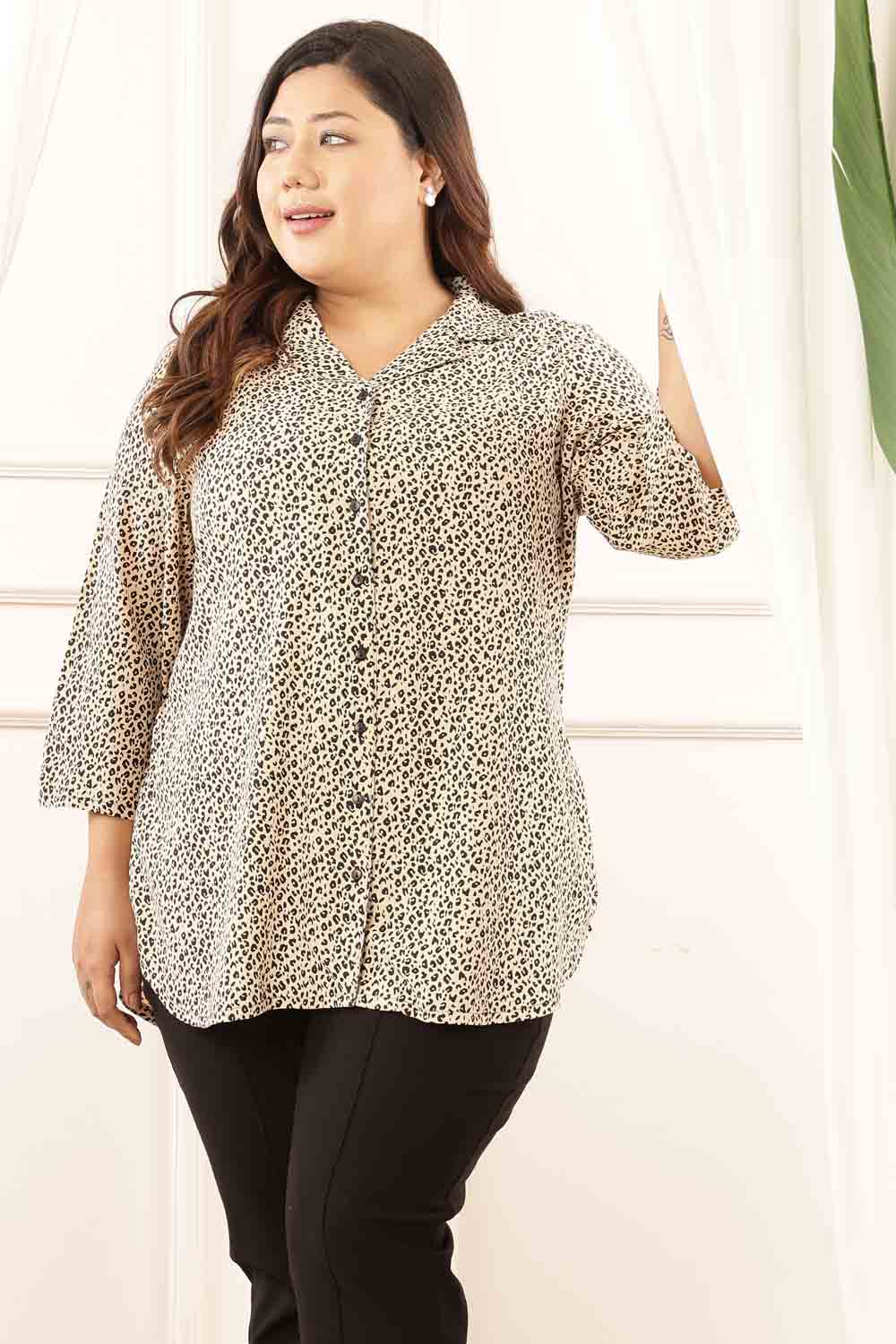 Plus Size Leopard Print Cuban Collar Shirt