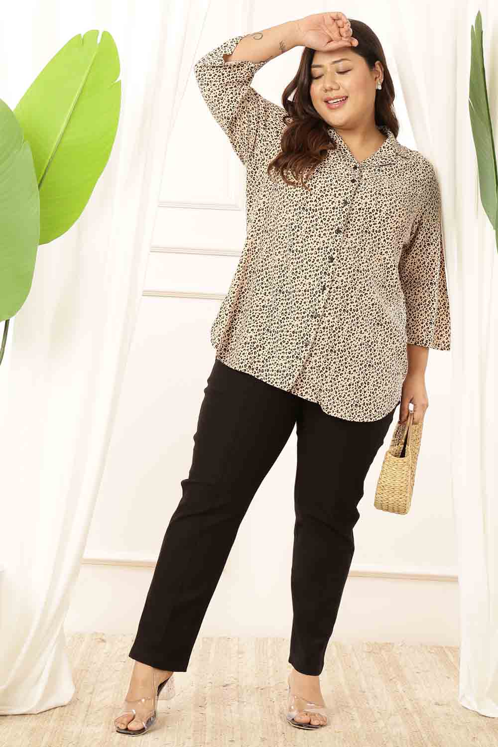 Buy Plus Size Leopard Print Cuban Collar Shirt