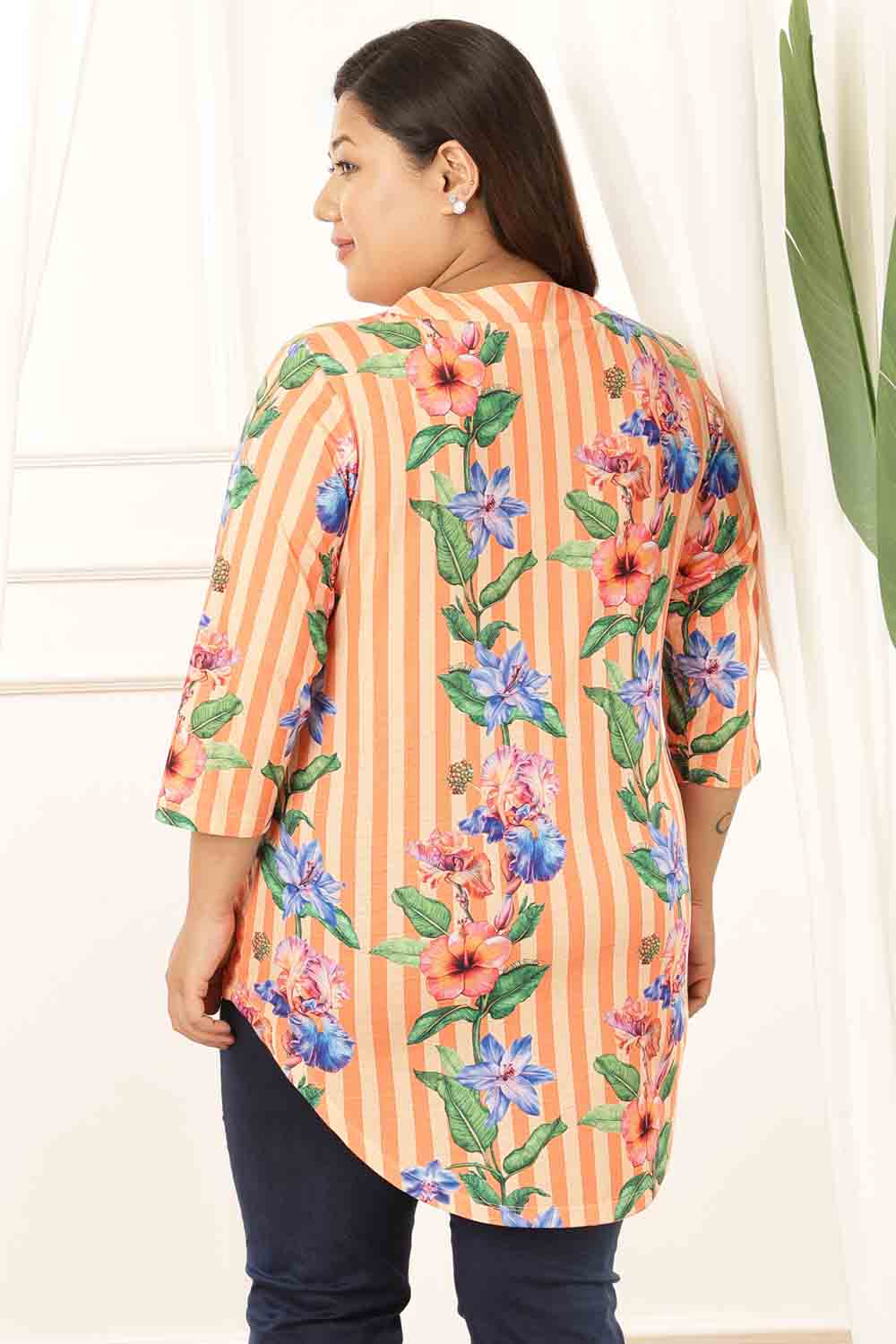 Plus Size Orange Floral Stripes Top