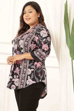 Plus Size Black Floral V Neck Top