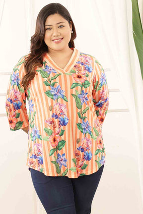 Plus Size Orange Floral Stripes Top