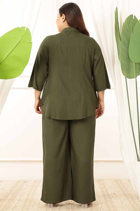 Plus Size Olive Rayon Twill Shirt Coord Set