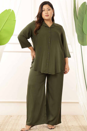 Plus Size Olive Rayon Twill Shirt Coord Set