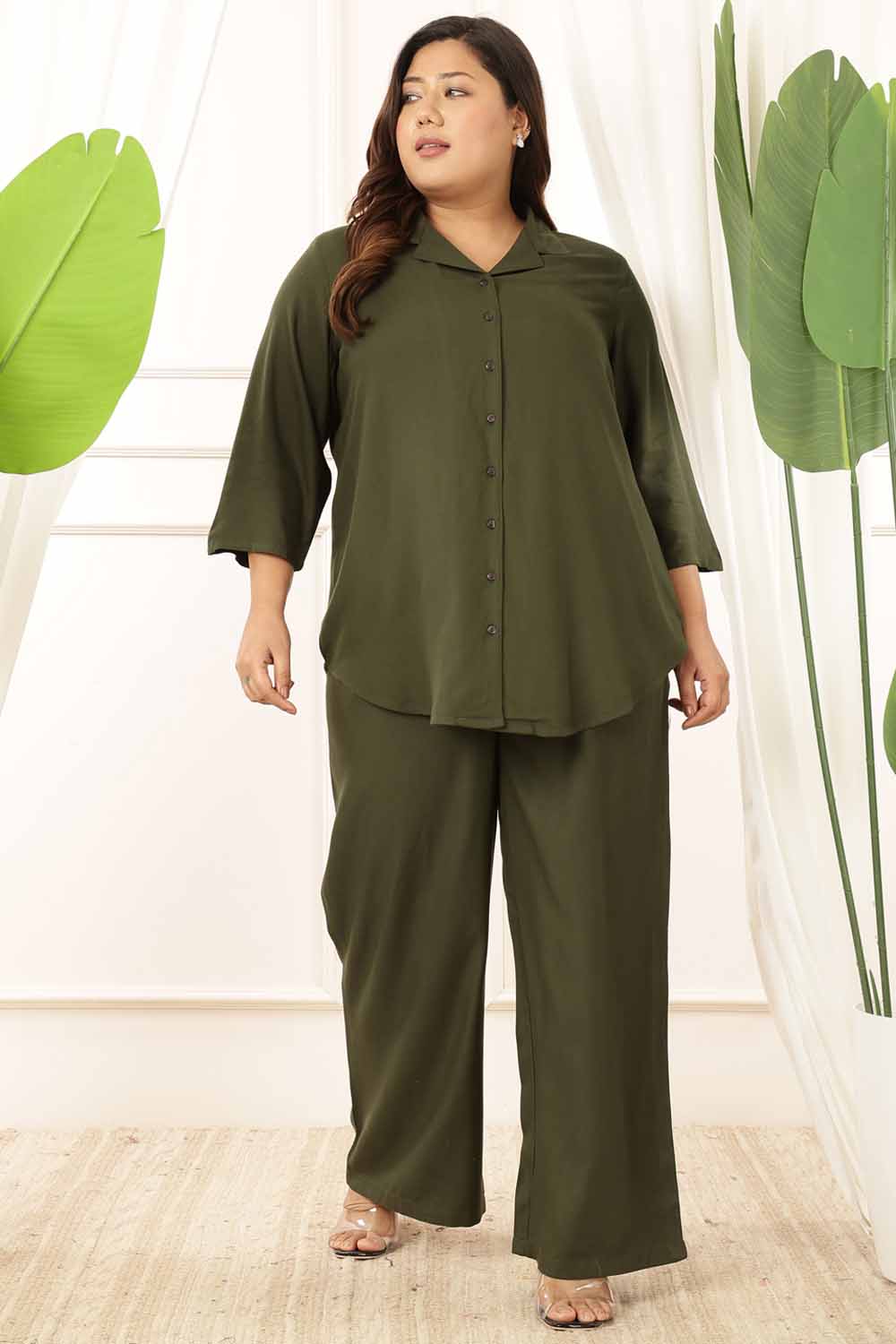 Plus Size Olive Rayon Twill Shirt Coord Set