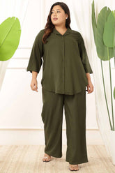 Plus Size Olive Rayon Twill Shirt Coord Set